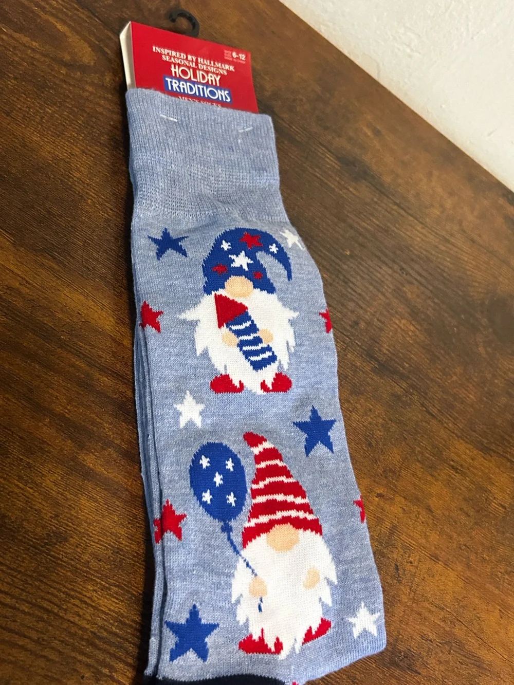 Hallmark Light Blue Patriotic Gnome Crew Socks with Red, White & Blue Accents